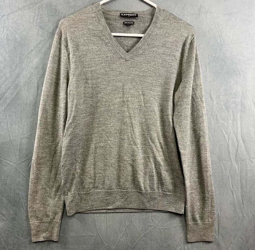 Express V-Neck Sweater Size M Gray Merino Wool Blend